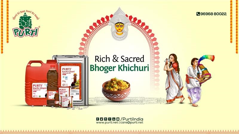 Rich and sacred Bhoger Khichuri made with Purti Mustard Oil, with festive Durga Pujo illustration.
