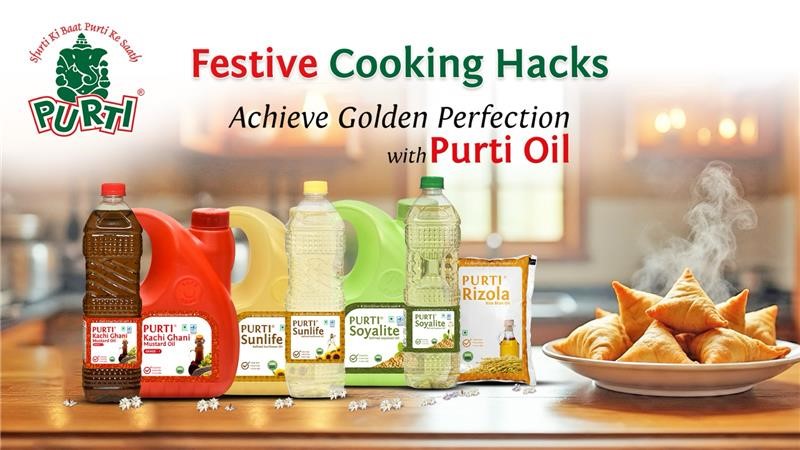 Purti cooking oils – Kachi Ghani Mustard, Sunlife, Soyalite, and Rizola – perfect for festive recipes and golden frying.